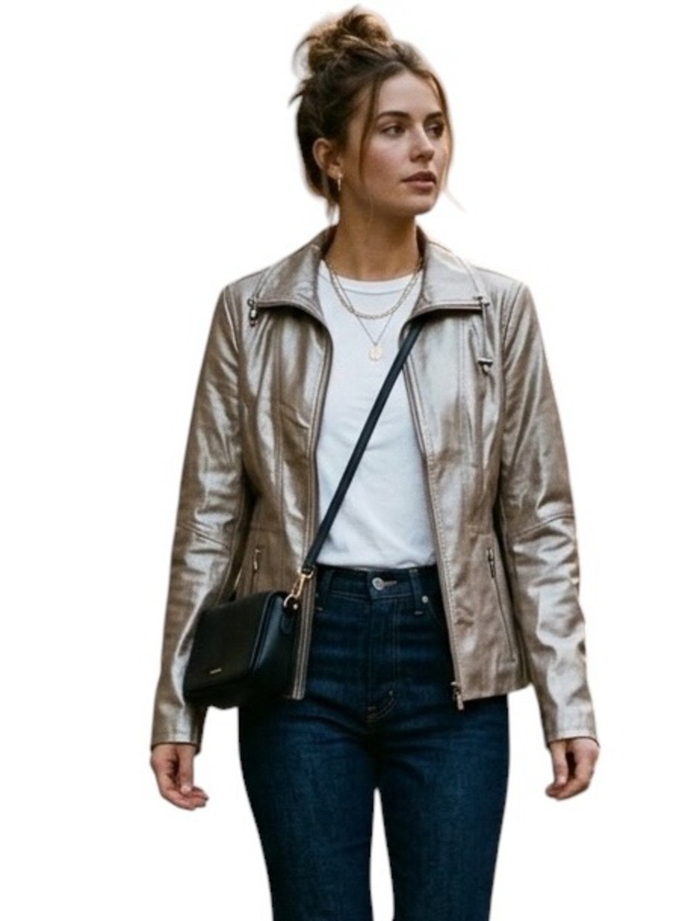 Pamela McCoy Champagne Metallic 100% Leather Moto Jacket Shimmer Neutral XS
